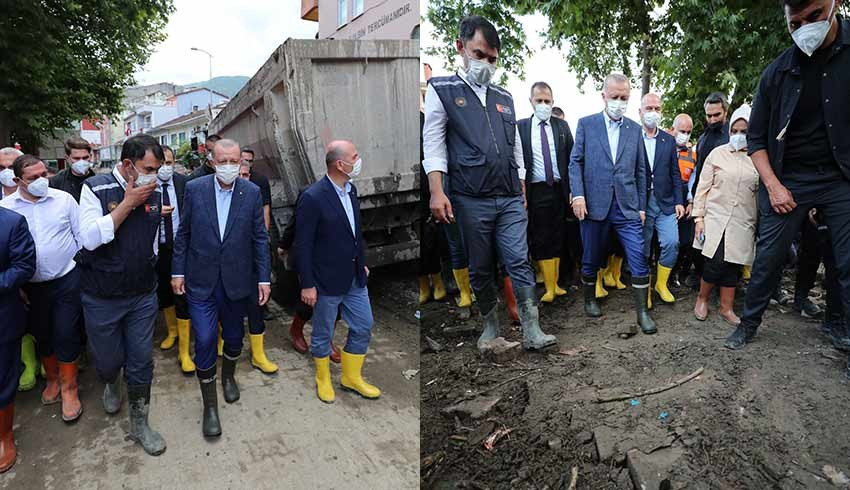 Cumhurbaşkanı Erdoğan çizmeleri giydi, felaketin yaşandığı Bozkurt ilçesinde inceleme yaptı